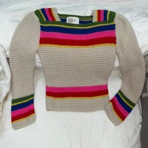 Leon & Harper ribbed white neon pink rainbow ish striped sweater M